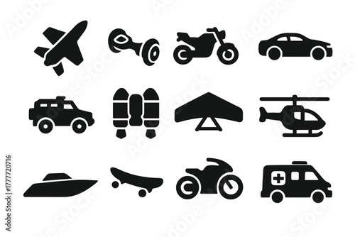 Hero Transportation Icons. Solid style icons of Hero transportation: flying jet, hoverboard, motorcycle, sports car, armored