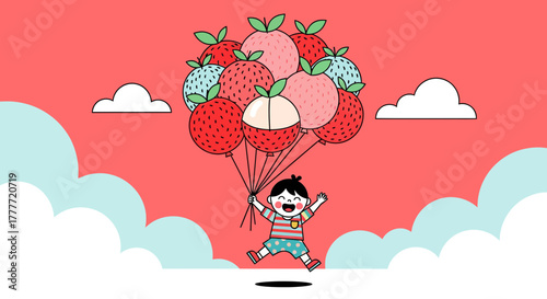 Joyful Child Floats Among Clouds with Fruit Balloons in Whimsical Illustration