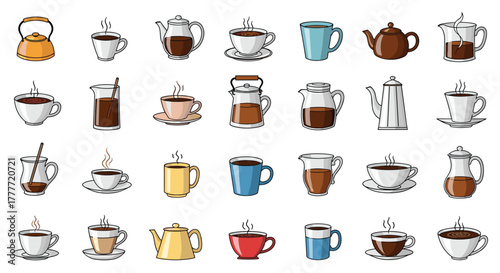 A diverse collection of coffee and tea containers, including cups, mugs, kettles, teapots, and pitchers, all filled with hot beverages.