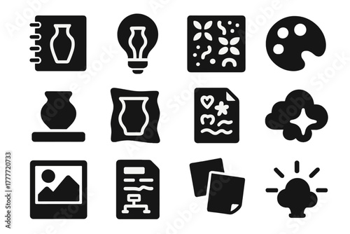 Pottery Icons Collection. Solid style icons of Pottery inspiration: sketchbook, idea bulb, color palette, clay sample, pattern