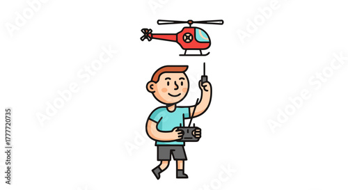 Joyful Boy Pilot Flying Cute Animated Helicopter, Drone With Remote Controller Fun