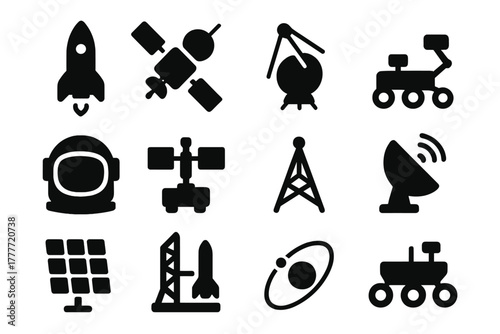 Space Exploration Icons. Solid style icons of Space exploration: rocket, satellite, space probe, rover, astronaut helmet, space
