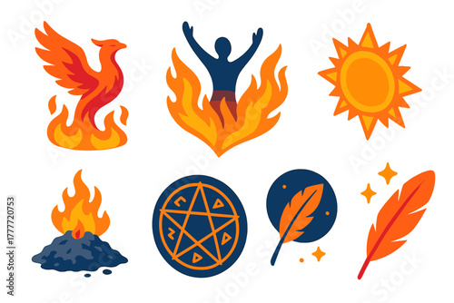 Vibrant Phoenix Icons. Isometric vector illustration set Storytelling icons – phoenix bird, flame wings, ash pile; rising