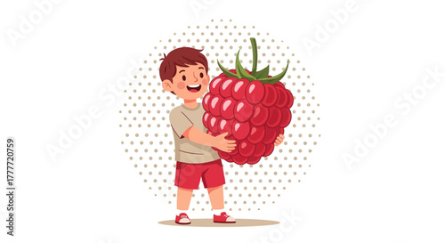 Joyful Child Holding a Gigantic Raspberry, Fruitful Fun and Wholesome Delight