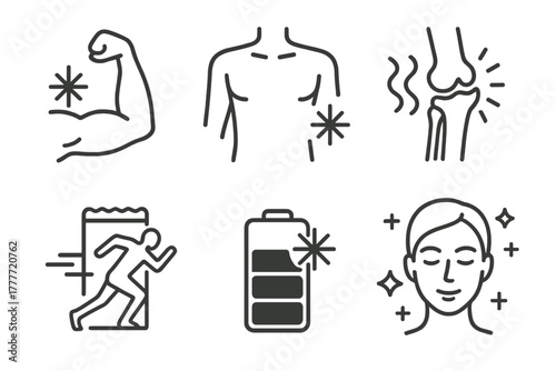 Cryotherapy Wellness Icons. Line style icons of cryotherapy for wellness: muscle recovery icon, inflammation reduction, joint pain