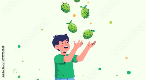 Joyful Boy Playfully Tosses Exotic Fruits in a Whimsical and Illustrative Composition