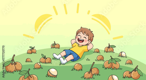 Joyful Boy Relaxes Outdoors Amidst Longan Fruits Under Sunny Skies In A Garden