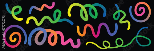 Abstract colorful swirl and wavy lines on black background, neon gradient strokes, vibrant looping curves, modern digital art, dynamic motion illustration, vivid rainbow abstract pattern