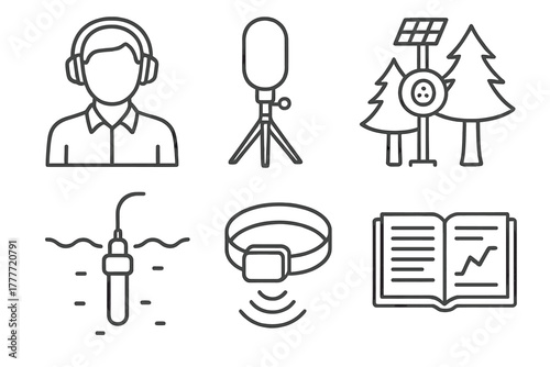 Bioacoustics Research Icons. Line style icons of bioacoustics field research: researcher with headphones, tripod mic setup, forest