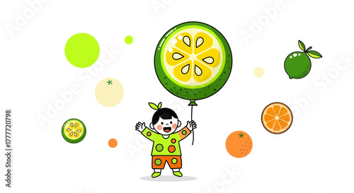 Joyful Child Holding Citrus Balloon and Other Fruits in Delightful Illustration
