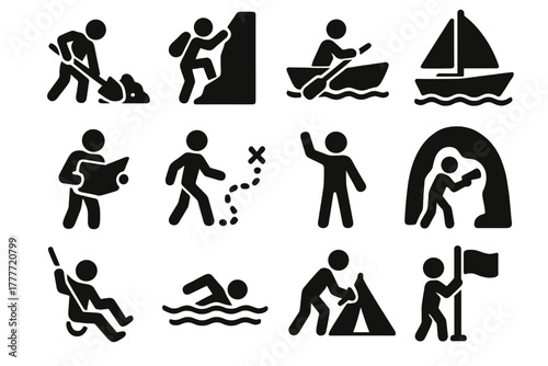 Adventure Action Icons. Solid style icons of Adventure actions: digging treasure, climbing rocks, rowing boat, sailing ship,