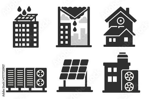 Urban Rooftop Harvesting Icons. Solid style icons of urban rooftop harvesting: high-rise with dew panels, city building fog trap,