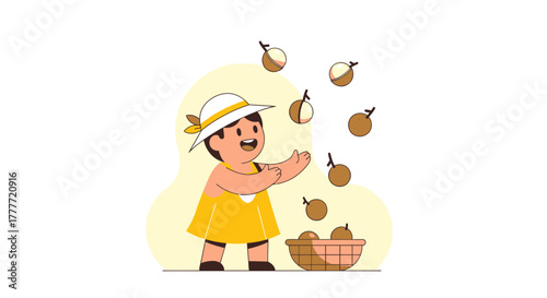 Joyful Child Juggling Exotically Delicious Longan Fruits in a Pleasant Summer Scene
