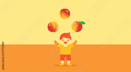 Joyful Child Juggling Ripe Peaches Against Orange and Yellow Background