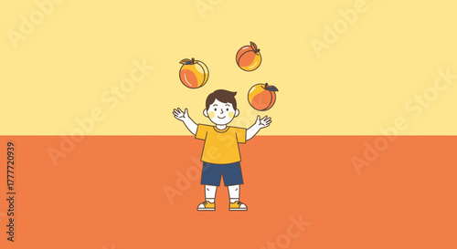 Joyful Child Juggling Peaches: A Playful and Colorful Illustration Design
