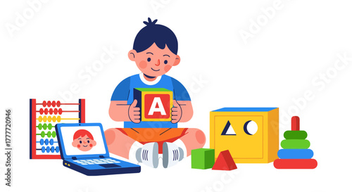 Joyful Child Learning With Educational Toys And Modern Laptop On Black Background