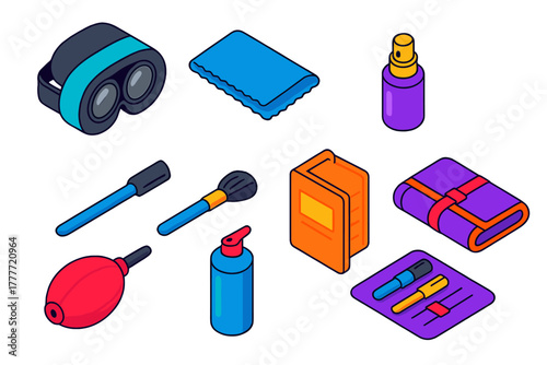 VR Cleaning Essentials. Isometric vector illustration set VR gaming setup – virtual reality lens cleaner, microfiber cloth,