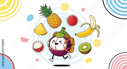 Joyful Cartoon Mangosteen Character with Assorted Tropical Fruits on White Background