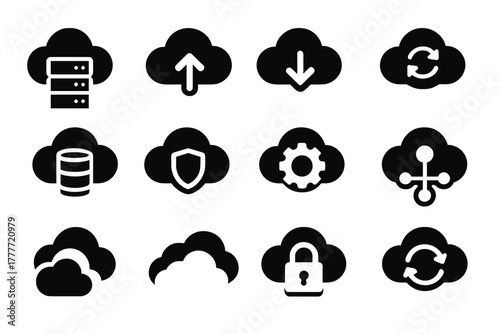 Cloud Computing Icons. Solid style icons of cloud computing: cloud server, upload arrow, download arrow, sync arrows, cloud