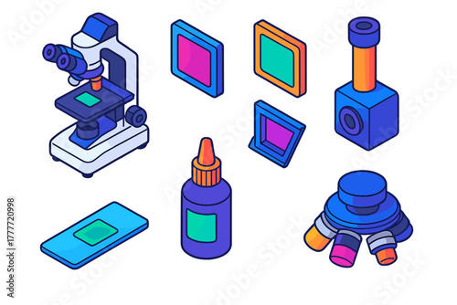 Colorful Science Lab Equipment. Isometric vector illustration set Science lab equipment – fluorescence microscope, excitation