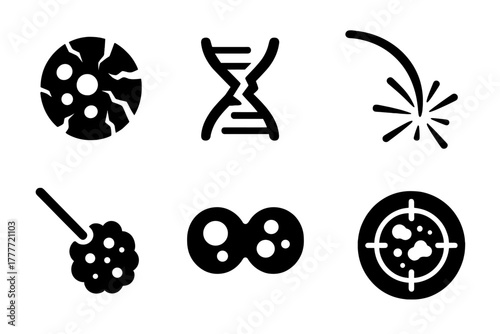 Cancer Cell Disruption. Solid style icons of cancer cell disruption via plasma: cell with fractured edges, disrupted DNA icon,