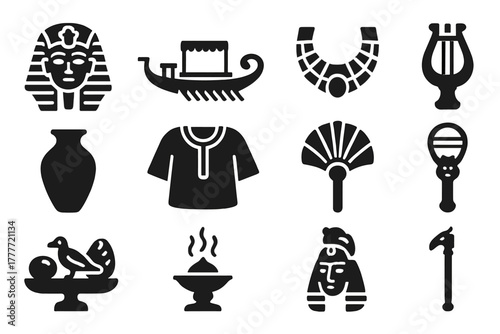 Egyptian Culture Icons. Solid style icons of Egyptian culture: festival mask, ceremonial boat, golden jewelry, musical instrument,
