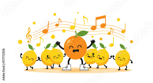 Joyful Citrus Friends Singing And Dancing Their Hearts Out With Cheerful Melodies