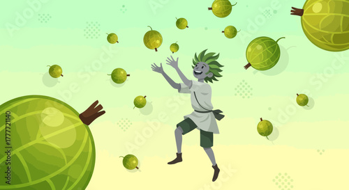 Joyful Character Surrounded By Whimsical Gooseberries In A Playful, Colorful Scene
