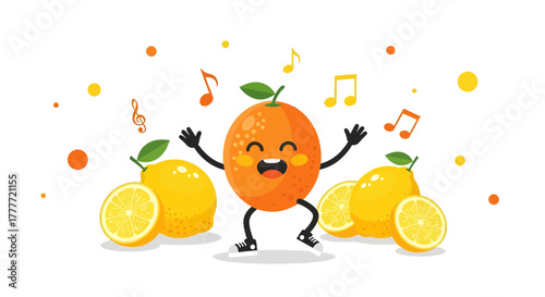 Joyful Citrus Dancing and Singing Amidst Musical Notes and Colorful Bubbles Composition