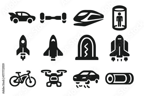 Futuristic Travel Icons. Solid style icons of Future travel concepts: flying car, hoverboard, futuristic train, teleportation