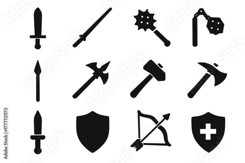 Medieval Weapon Icons. Solid style icons of medieval weapons: sword, lance, mace, flail, spear, halberd, war hammer, crossbow,