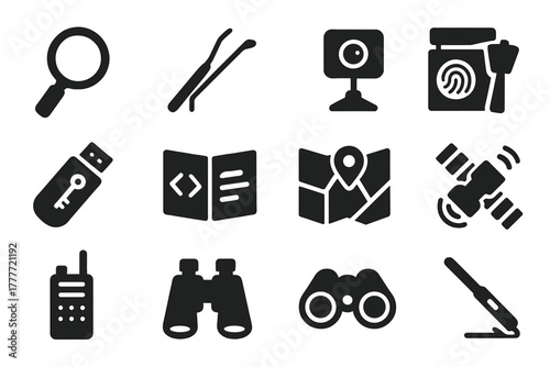 Espionage Tools Icons. Solid style icons of Espionage tools: magnifying glass, lockpick, hidden camera, fingerprint kit, encrypted