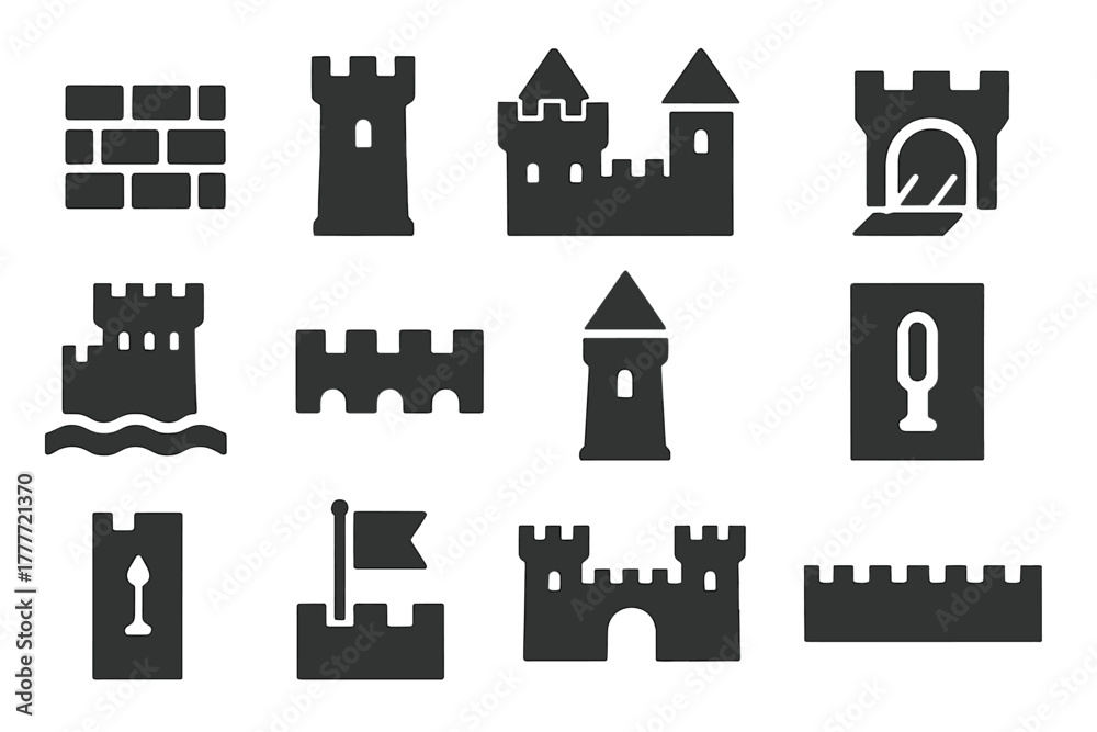 Fototapeta premium Medieval Castle Icons. Solid style icons of Medieval castles and fortifications: stone wall, castle tower, gatehouse, drawbridge,