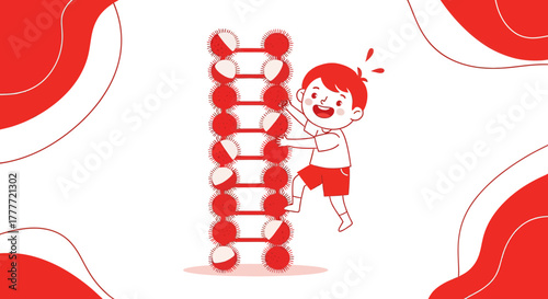 Joyful Child Achieving Goals Climbing a Unique, Abstract Ladder with Enthusiasm and Excitement
