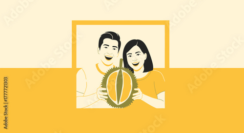 Joyful Couple Holding Durian Fruit, Illustration with Yellow Tones and Smiling Faces