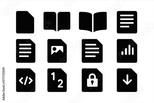 Solid Style Pages Icons. Solid style icons of Pages: single page, double pages, book page, open notebook page, printed page, page