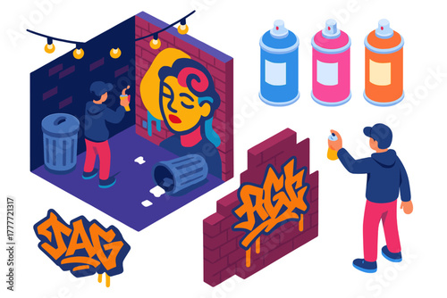 Vibrant Urban Nightlife Scene. Isometric vector illustration set Urban nightlife – graffiti alleyway, spray paint cans, tag artist