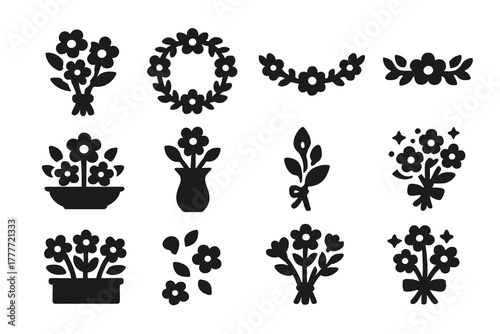 Floral Icon Set. Solid style icons of Floral decoration: bouquet, wreath, garland, floral crown, centerpiece, vase of flowers,