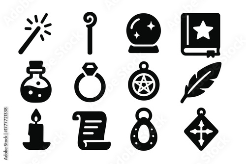 Spellcasting Icon Set. Solid style icons of Spellcasting items: wand, staff, crystal ball, spellbook, potion, ring, amulet,