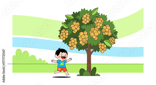 Joyful Child Appreciating Nature's Bounty of Deliciously Ripe Longan Fruits From the Tree