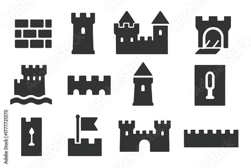 Medieval Castle Icons. Solid style icons of Medieval castles and fortifications: stone wall, castle tower, gatehouse, drawbridge,