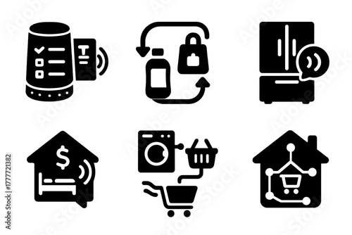 Smart Home Icons. Solid style icons of smart home integration in voice commerce: kitchen speaker with shopping list, bathroom item