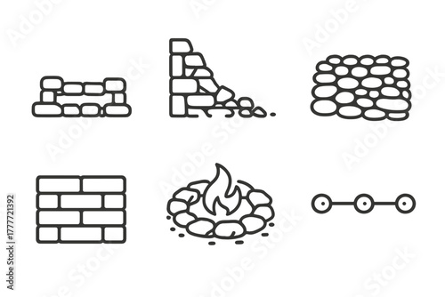 Ancient Structure Icons. Line style icons of ancient structures: exposed foundation stones, collapsed wall profile, cobblestone