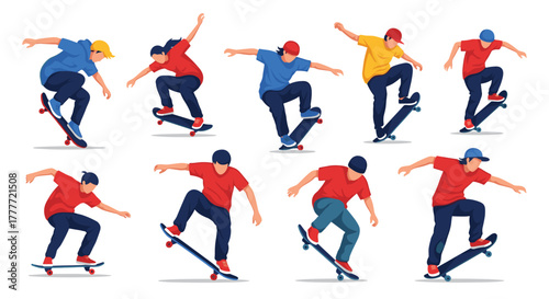 A collection of stylized illustrations depicting diverse skateboarders performing various dynamic tricks and stances, showcasing the sport's energy.