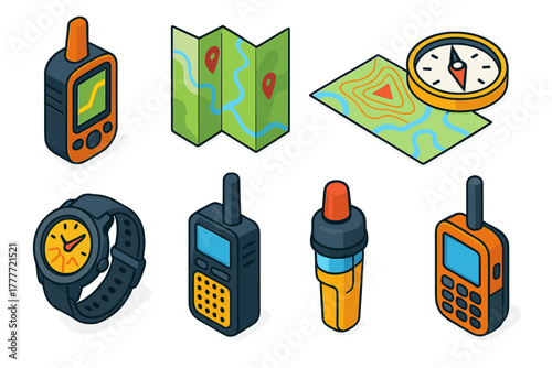 Camping Essentials Icons. Isometric vector illustration set Camping essentials – GPS device, paper map, topographic map; compass,