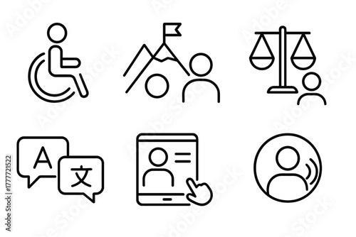 Inclusive Education Icons. Line style icons of inclusive education in CBE: accessibility icon, culturally responsive task,