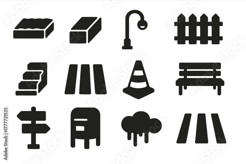 Street Elements Icons. Solid style icons of Street elements: sidewalk, curb, streetlight, fence, stairs, crosswalk, traffic cone,