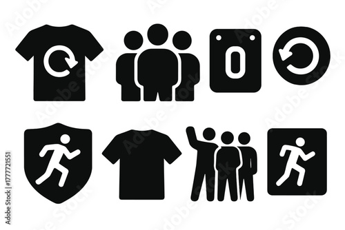 Reverse Run Icons. Solid style icons of reverse run community: team T-shirt icon, social group badge, matching bib panel. Club