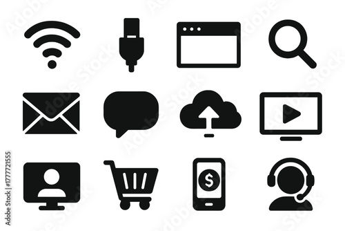 Online Technology Icons. Solid style icons of online technology: WiFi signal, ethernet cable, browser window, search magnifier,
