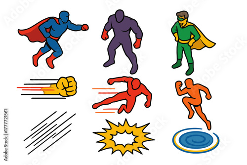 Comic Hero Action Icons. Isometric vector illustration set Comic book elements – dynamic hero silhouette, villain silhouette,